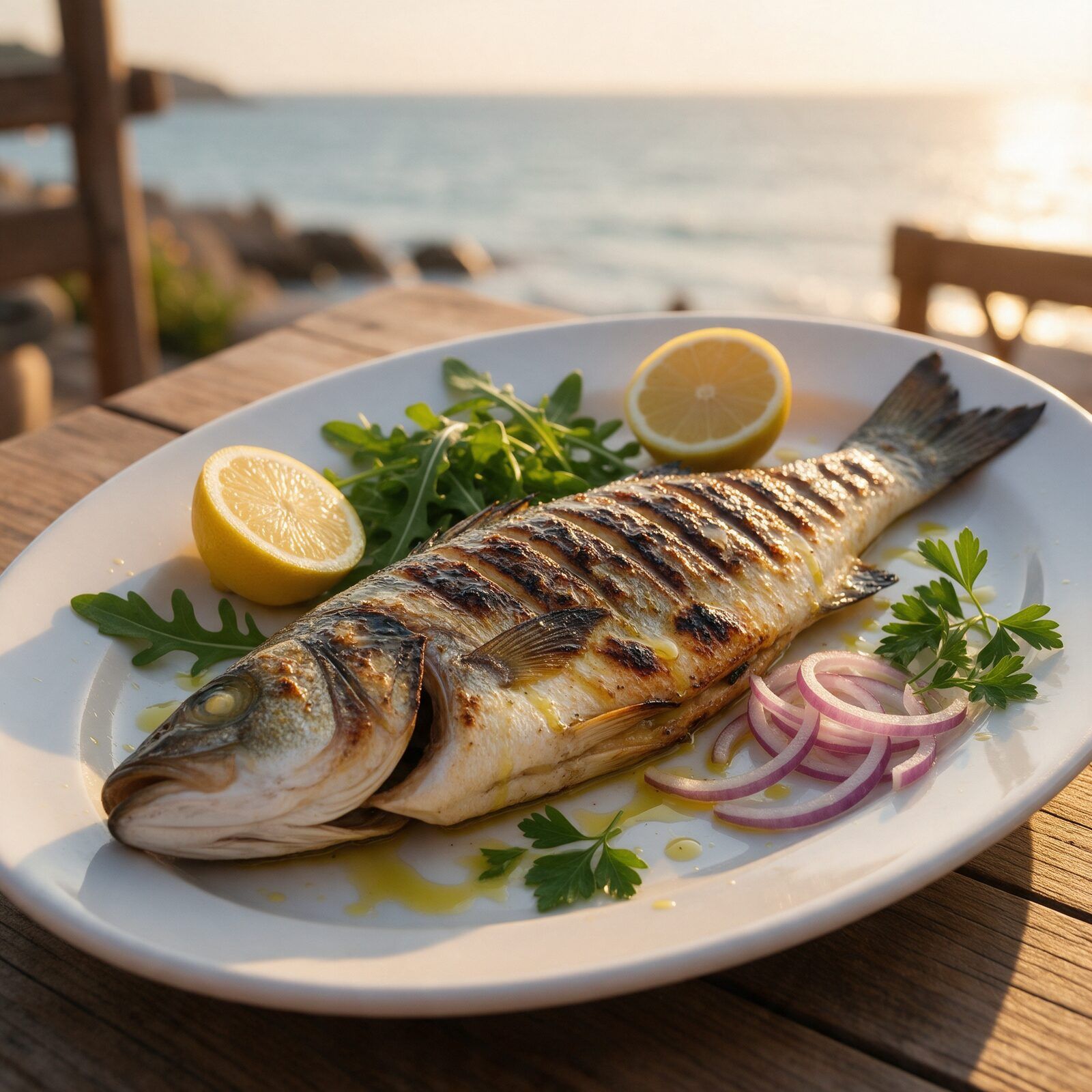 Oval tabakta ızgara levrek, limon, roka ve kırmızı soğan
