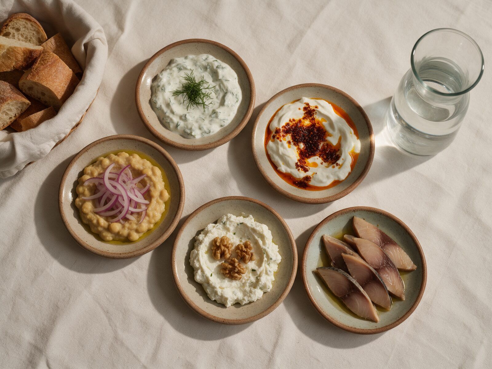Keten örtü üstünde beş meze tabağı: fava, haydari, atom, ezme ve lakerda; yanında ekmek sepeti